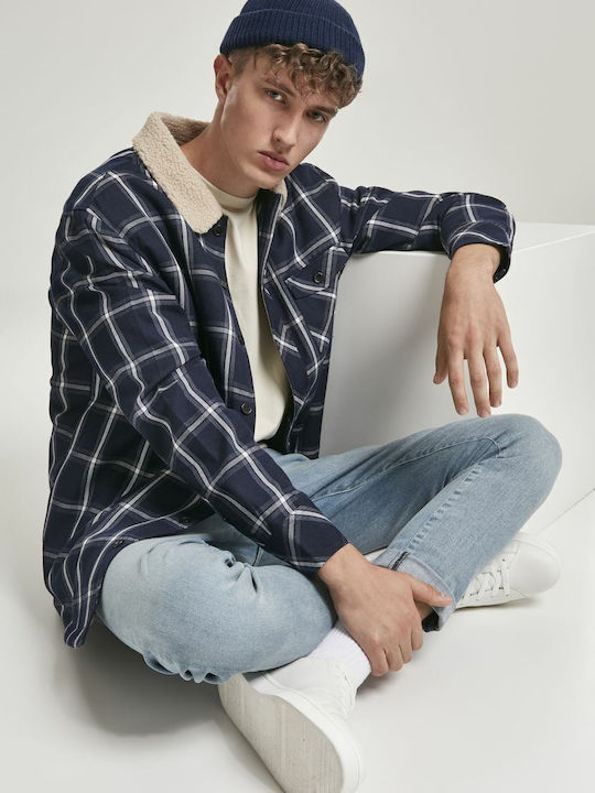 Overshirt Cu mânecă lungă Denim Cămașă Carou Albastru marin