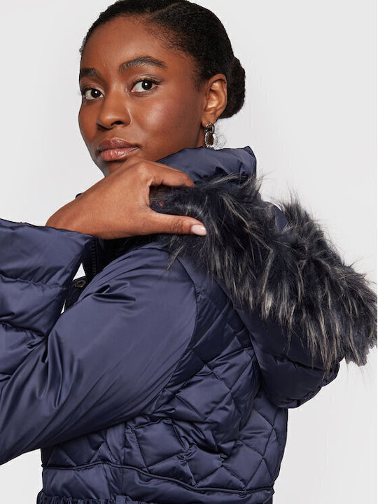 Women's Long Puffer Jacket for Winter with Hood Navy Blue