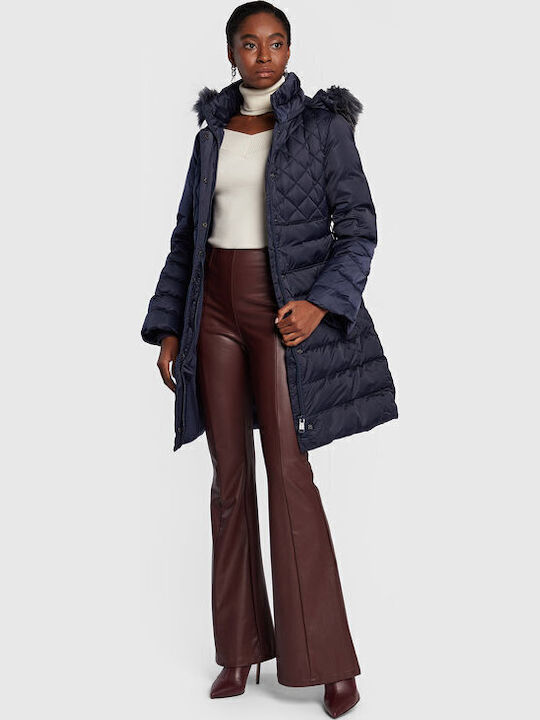 Women's Long Puffer Jacket for Winter with Hood Navy Blue