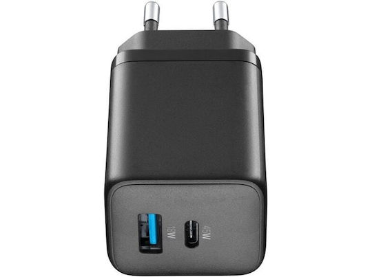Cellular Line Φορτιστής Χωρίς Καλώδιο GaN με Θύρα USB-A και Θύρα USB-C 45W Power Delivery Μαύρος (ACHUSBGAN2PD45WK)
