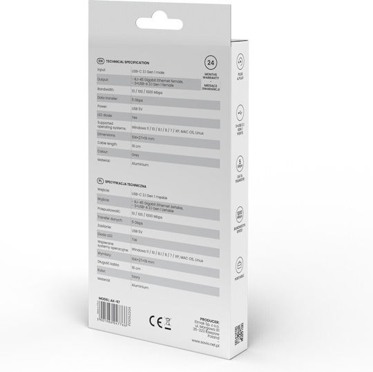 Savio AK-57 Hub 3 Anschlüsse USB 3.1 mit USB-C Anschluss Ethernet Grau