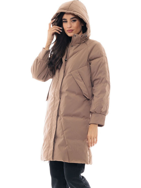 Women's Long Puffer Jacket for Winter Dark Beige