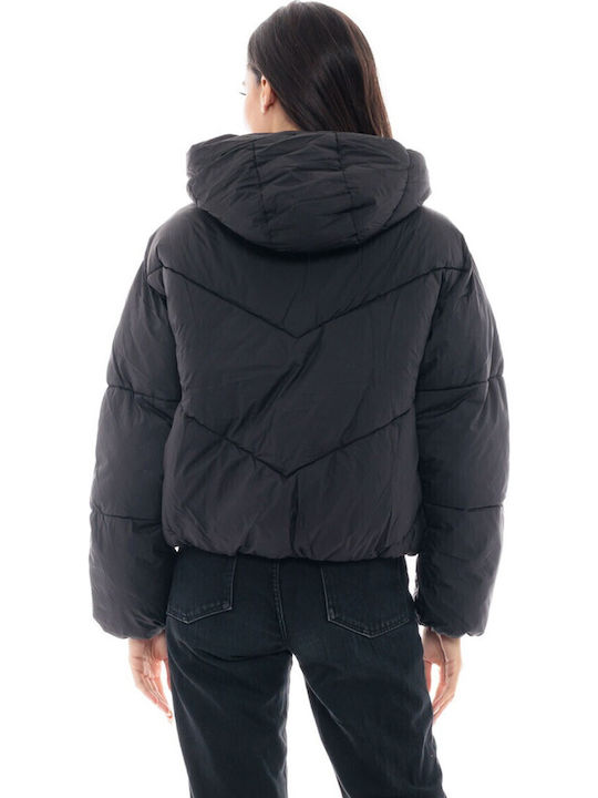 Women's Short Puffer Jacket for Winter with Hood Black