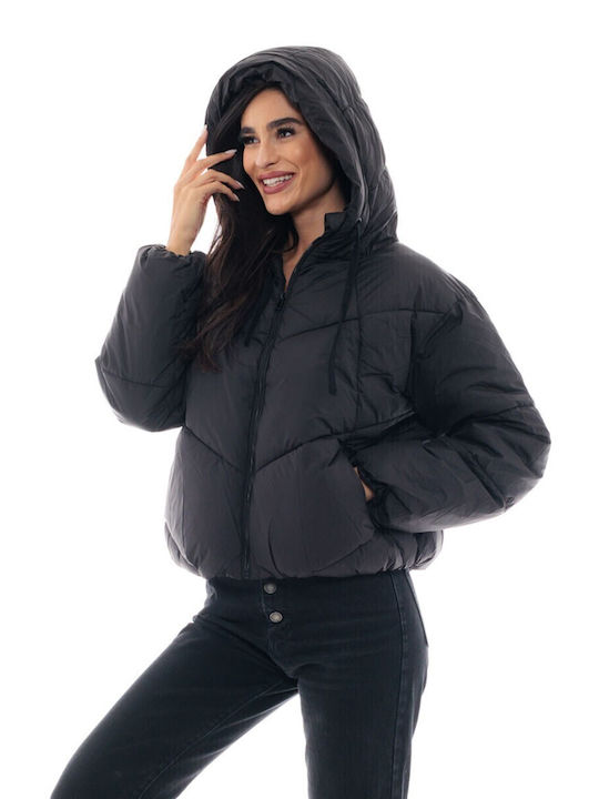 Women's Short Puffer Jacket for Winter with Hood Black
