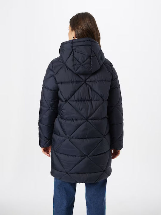 Women's Long Puffer Jacket for Winter with Hood Navy Blue
