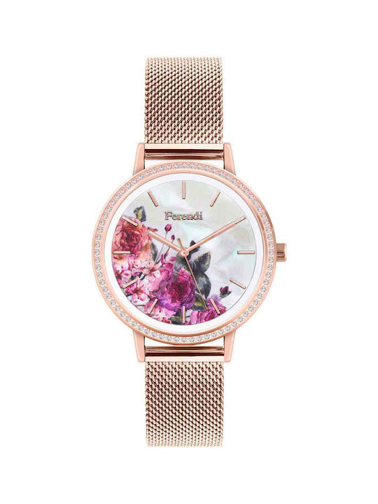 Ferendi Rose Garden Crystals Watch with Pink Gold Metal Bracelet