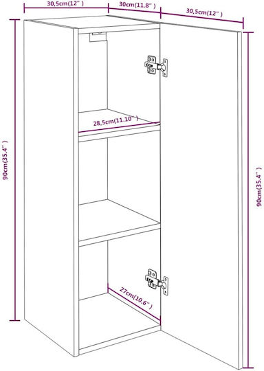 Dulap Suspendat pentru Sufragerie din Placă Aglomerată Gri cu Iluminare LED 30.5x30x90cm