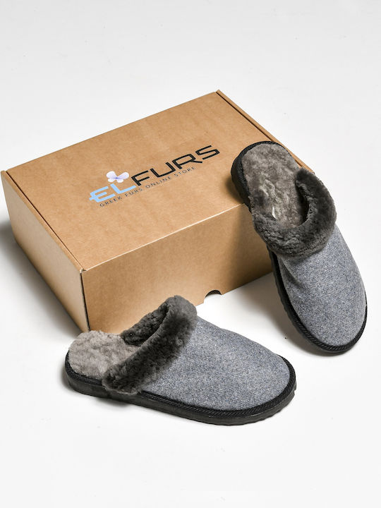 Gray women's slippers with sheepskin trim
