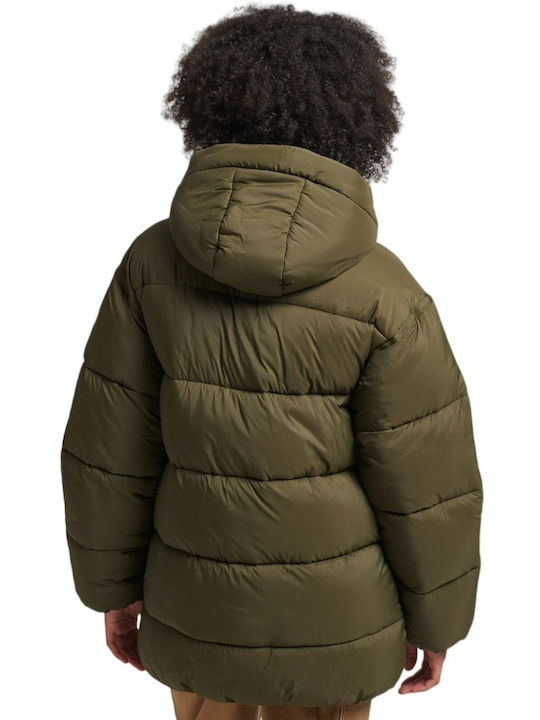 Superdry Code Xpd Cocoon Women's Short Puffer Jacket for Winter with Hood Khaki