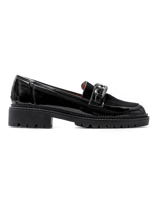 Black leather patent leather moccasins with beaver and charcoal chain POLITIS