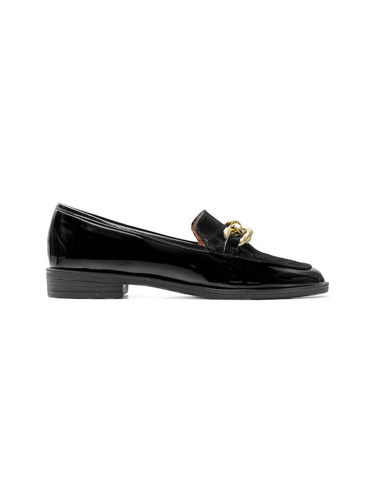 Black leather patent leather suede moccasins with beaver moccasins with satin gold chain POLITIS