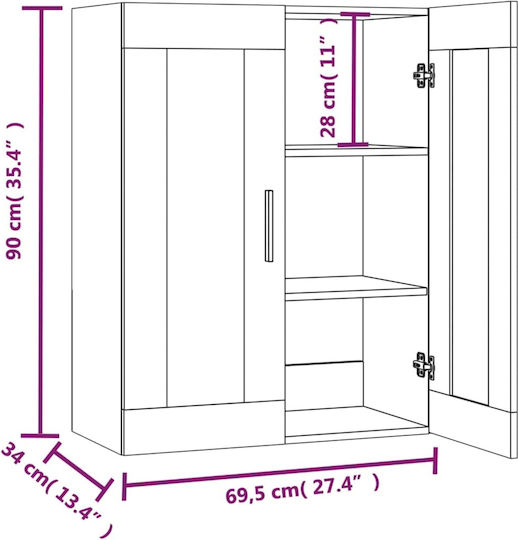 Wall Living Room Display Cabinet made of Particleboard with Glass White 69.5x34x90cm