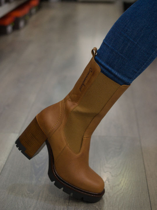 Leather Women's Chelsea Boots with High Heel Tabac Brown