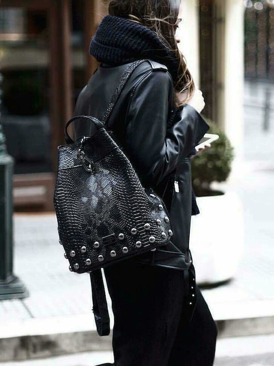 Elena Athanasiou Black n' Metal Croco Pattern Γυναικεία Τσάντα Πλάτης Μαύρη με Ασημί Τρουκς