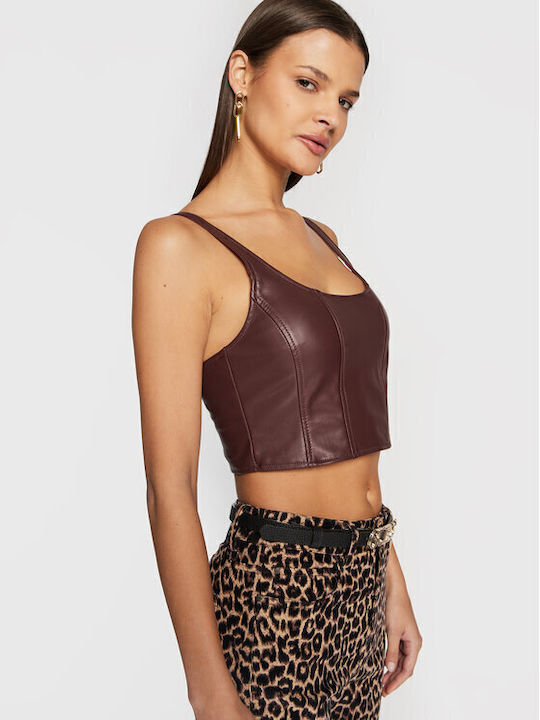 Women's Crop Top Leather Sleeveless Burgundy