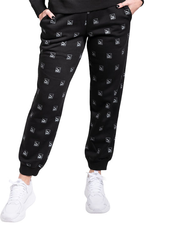 Puma Brand Love All Over Print Talie înaltă Pantaloni de trening pentru femei cu cauciuc Negru