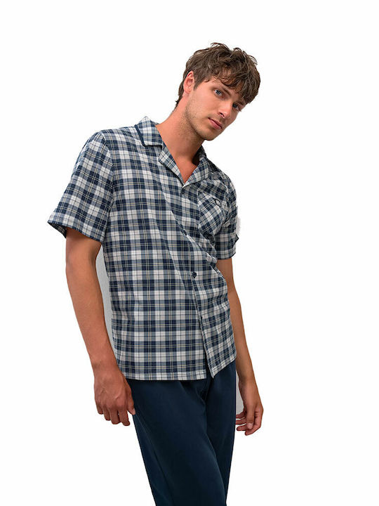 Vamp Men's Summer Cotton Checked Pajamas Set Blue