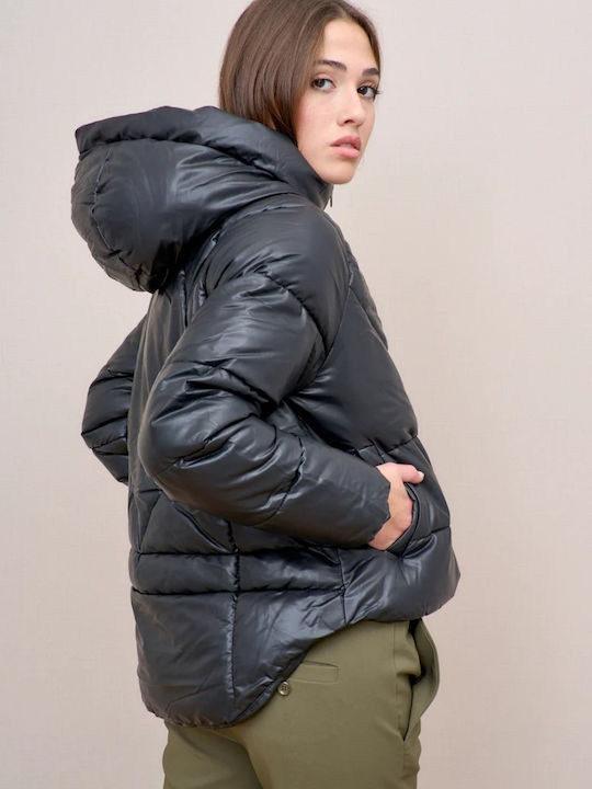 Women's Short Puffer Artificial Leather Jacket for Winter with Hood Black