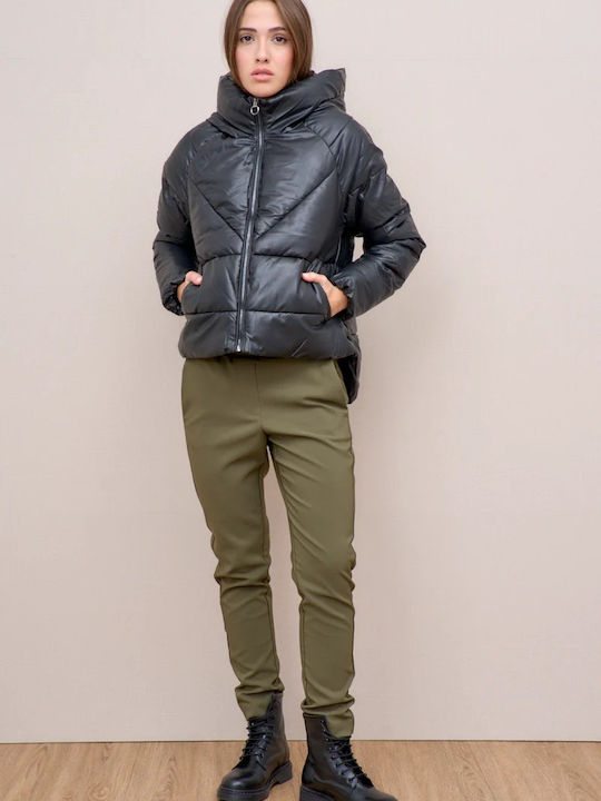 Women's Short Puffer Artificial Leather Jacket for Winter with Hood Black