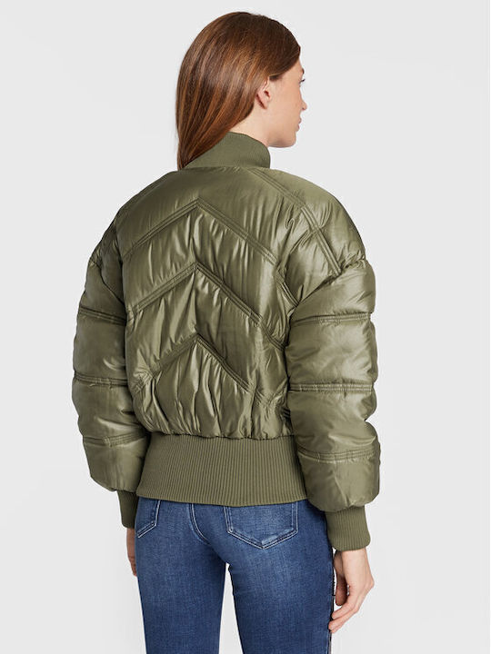 Guess Μπουφάν Bomber από Δερματίνη Πράσινο