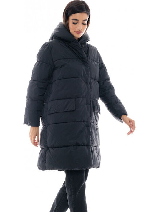 Women's Long Puffer Jacket for Winter with Hood Black