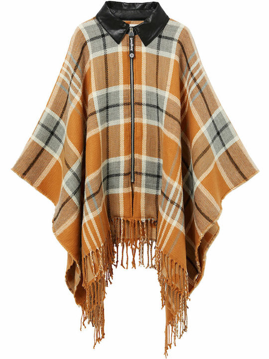 Checks Women's Poncho with Zipper Orange