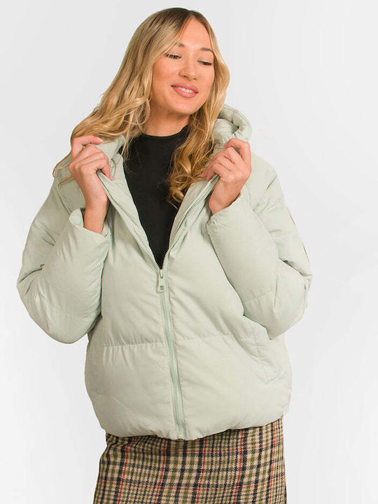 Biston Women's Short Puffer Jacket for Winter with Hood Green