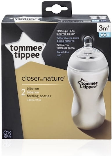 Tommee Tippee Set Plastic Baby Bottles Closer to Nature Anti-colic with Silicone Teat for 3+ Months Transparent 340ml 2 Pieces