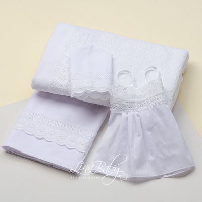 Lina Baby Baptism Towel Set Broderie Anglais Λευκό