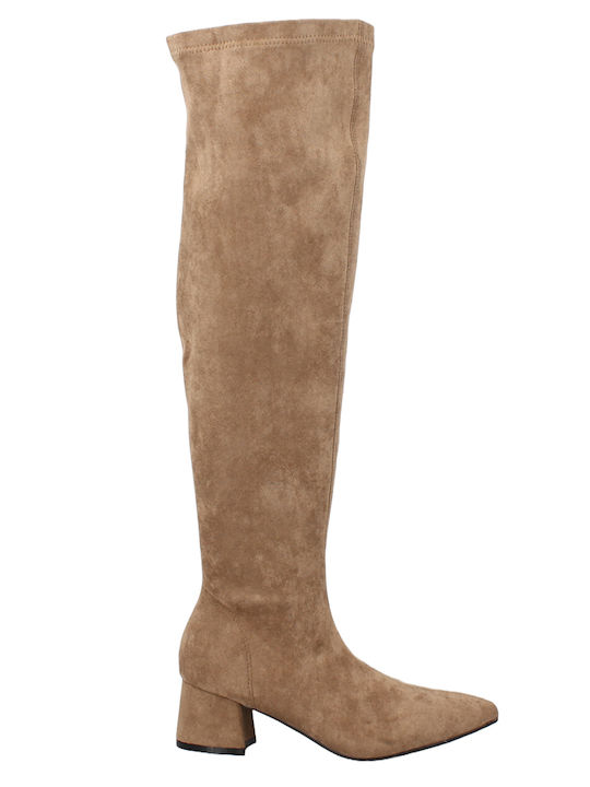 Suede Γυναικείες Μπότες με Μεσαίο Τακούνι Camel