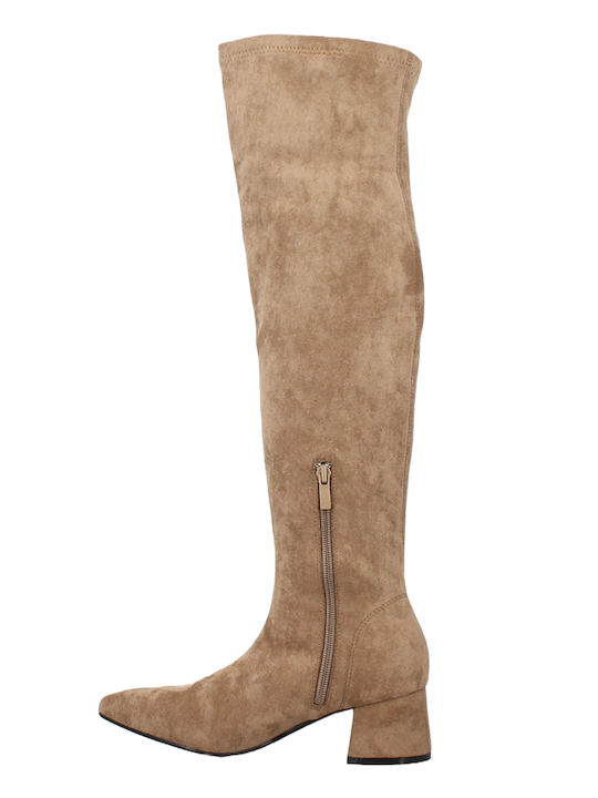 Suede Γυναικείες Μπότες με Μεσαίο Τακούνι Camel