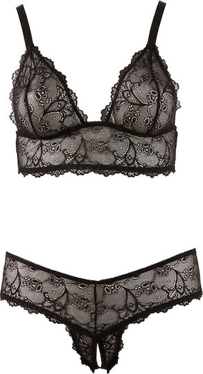 Cottelli Collection Set Sexy Lenjerie Sutien și Chilot G-String Fără Fundiță cu Dantelă Negru Mărimi Mari