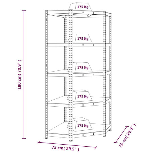 vidaXL Corner Dexion Shelf Galvanized 75x75x180cm with 5 Shelves Total Load Capacity 875kg