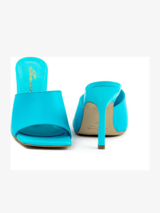 Leather Mules with Thin High Heel in Blue Color