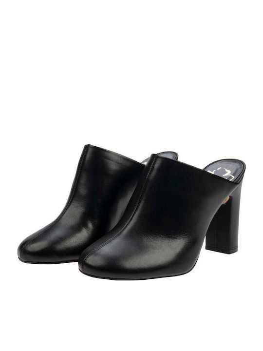 Leather Mules with Chunky High Heel in Black Color