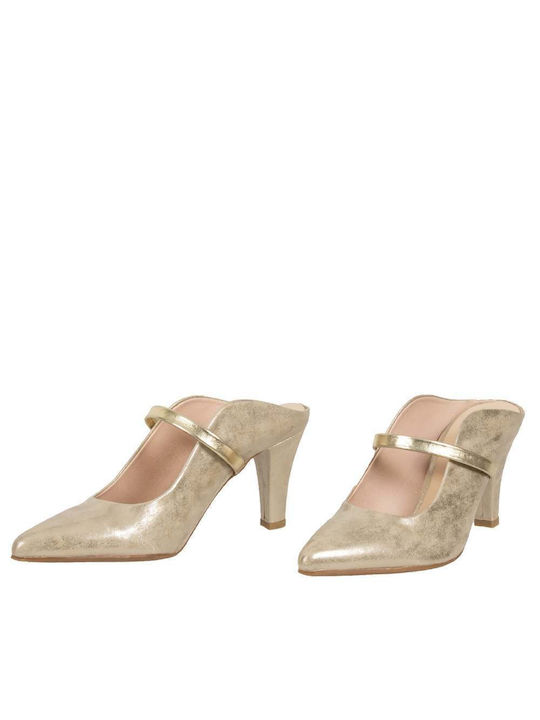 Leder Pantoletten mit Chunky Hoch Absatz in Gold Farbe