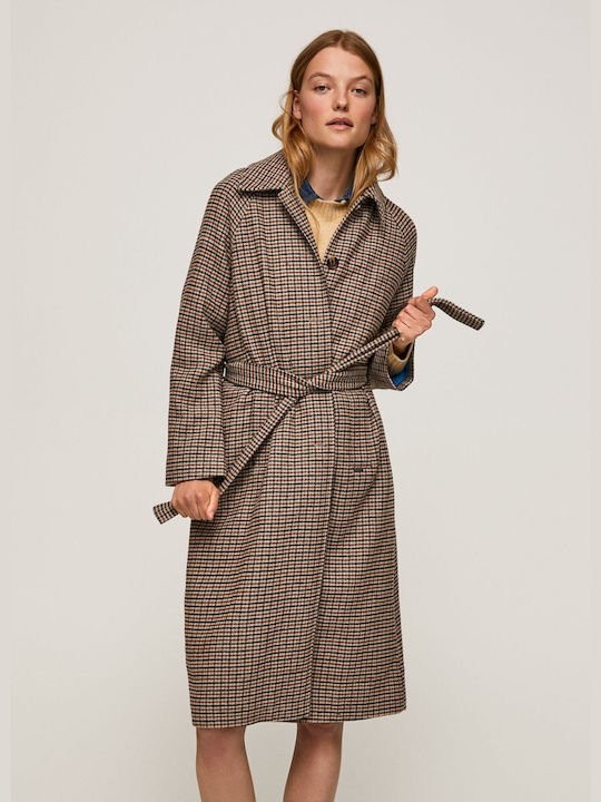 Women's Checked Midi Gabardine with Buttons Brown