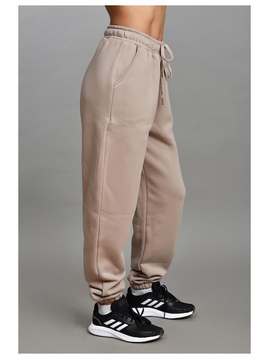 High Waist Sweatpants Jogger Fleece Beige