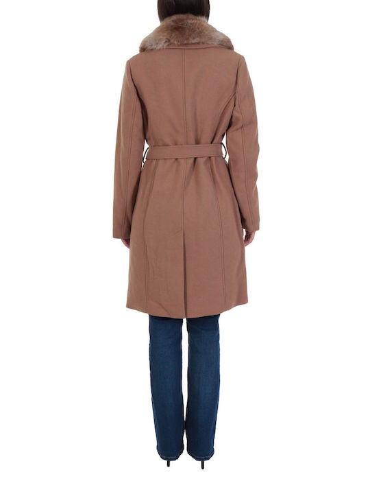 Michael Kors Women's Midi Coat with Belt and Fur Camel