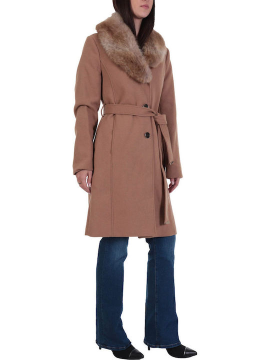 Women's Camel Coat with Fur Details