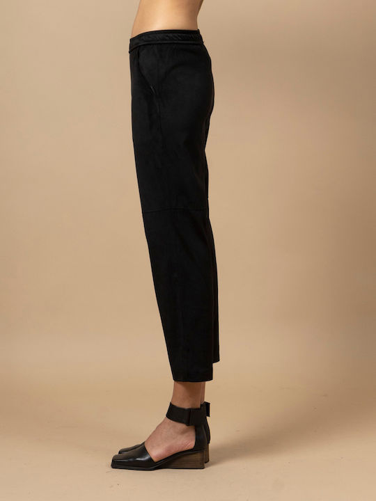 Women's Fabric Capri Trousers Relaxed Fit Black