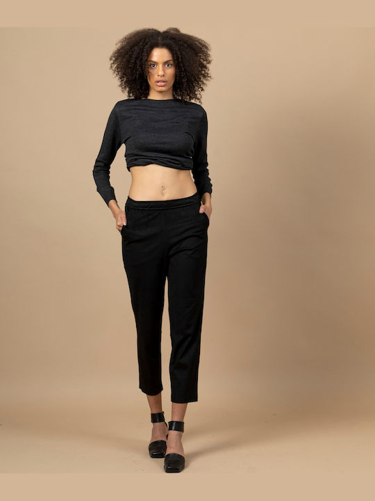 Women's Fabric Capri Trousers Relaxed Fit Black