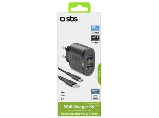 SBS Φορτιστής με 2 Θύρες USB-A και Καλώδιο USB-C Μαύρος (TEKITTRC2U2AFASTK)