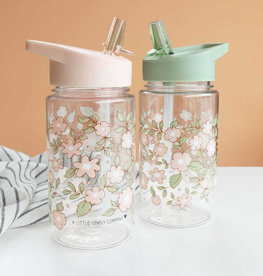 A Little Lovely Company Kids Water Bottle Butterfly Plastic with Straw Blossoms Sage 450ml