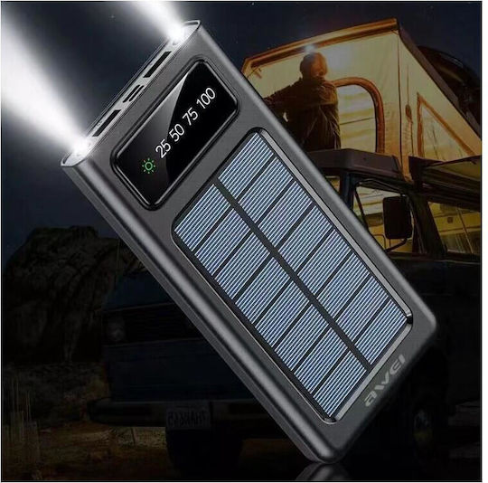 Awei P130K Ηλιακό Power Bank 10000mAh με 2 Θύρες USB-A και Θύρα USB-C Quick Charge 3.0 Μαύρο