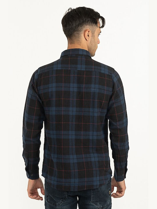 Double Men's Shirt Long Sleeve Flannel Checked Navy Blue