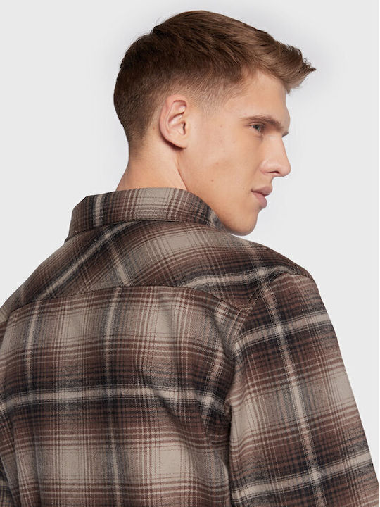 Furnace Long Sleeve Flannel Overshirt in Regular Fit Checked Brown