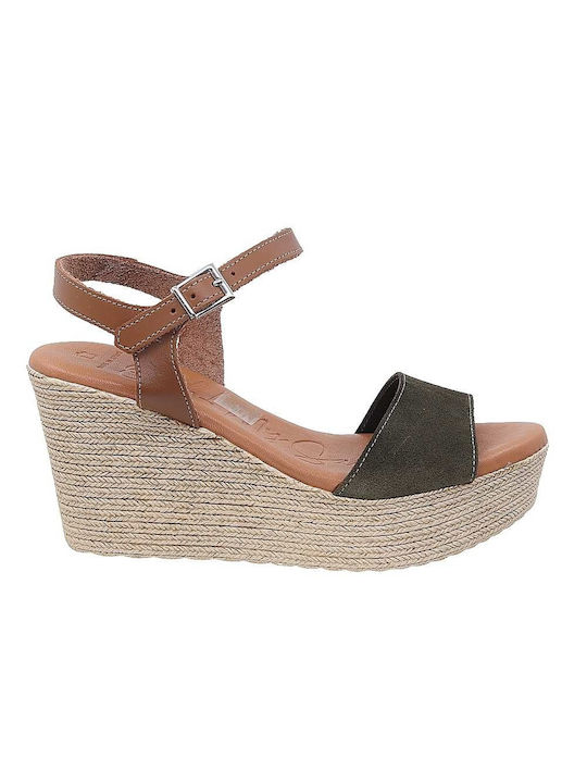 Oh My Sandals Women's Leather Ankle Strap Platforms Khaki