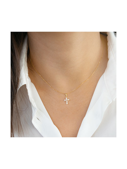 14K Gold Cross Pendant with white pearls - F124539