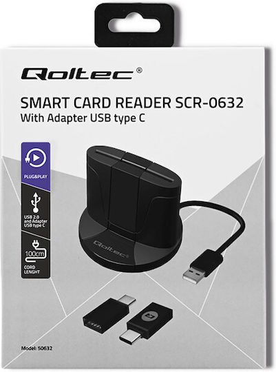 Qoltec Интелигентен Smart ID Chip SCR-0632 Кард Рийдър USB 3.2 Type-C За SmartCard